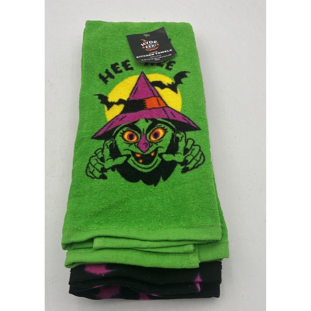 2 Pk Green Pink Black Halloween Witch Cackling Kitchen Towels Hee Hee Hyde & Eek